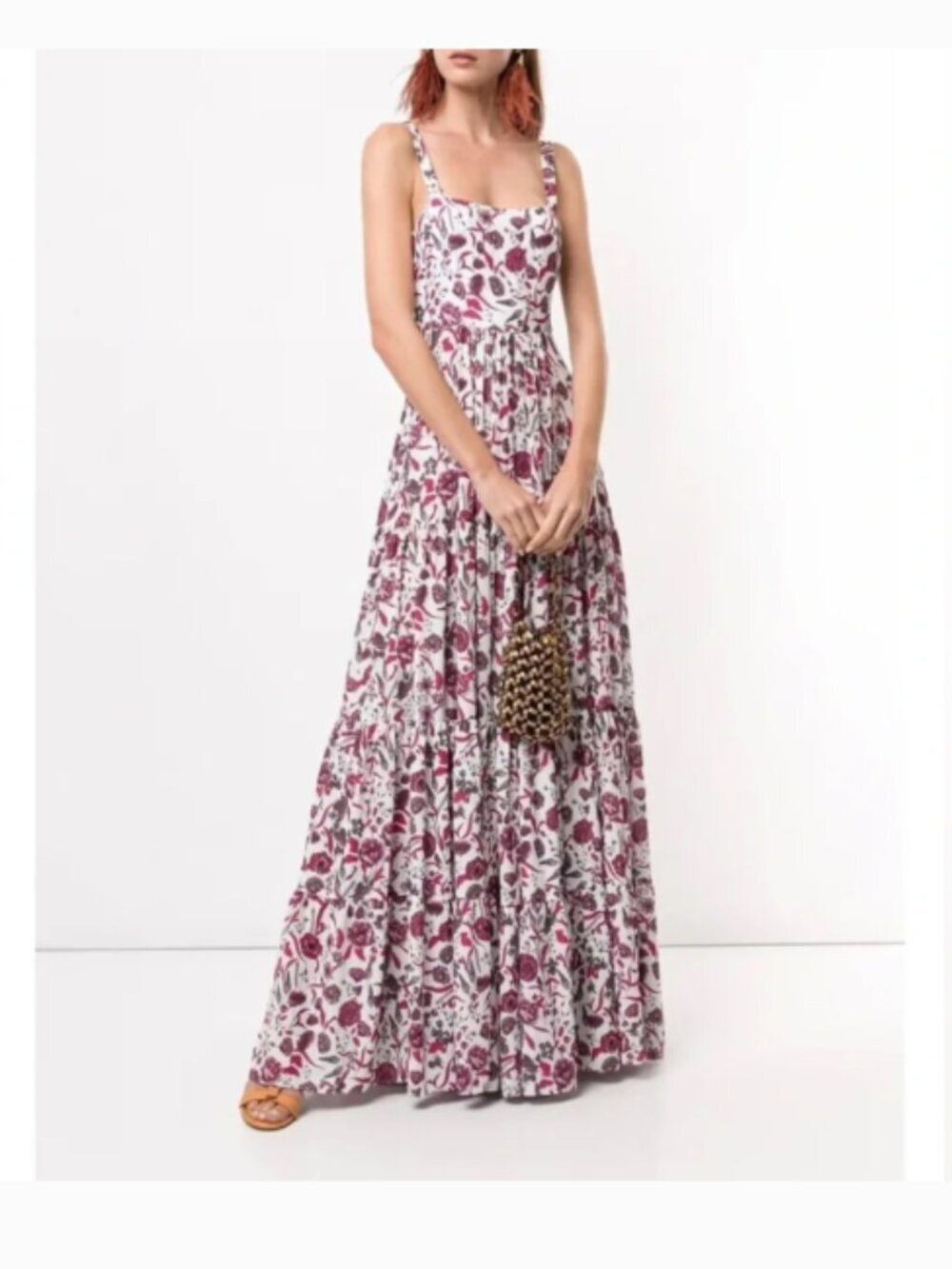 Alexis Zofia Berry Floral Smocked Tiered Crepe Maxi Dress Resortwear Medium